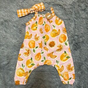 Mudpie Tank Romper & Head Bow Pink Oranges Baby Girl 3-6 Months NEW